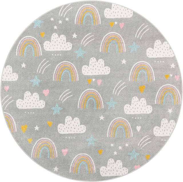 Gray 7' 10 x 7' 10 Whimsy Kids Round Area Rug for Baby Nursery, Toddler Playroom, Bedrooms