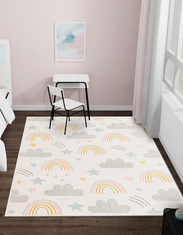 Ivory 5' 3 x 8' Whimsy Kids Rectangle Area Rug for Baby Nursery, Toddler Playroom, Bedrooms