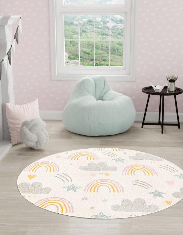 Ivory 3' 3 x 3' 3 Whimsy Kids Round Area Rug for Baby Nursery, Toddler Playroom, Bedrooms