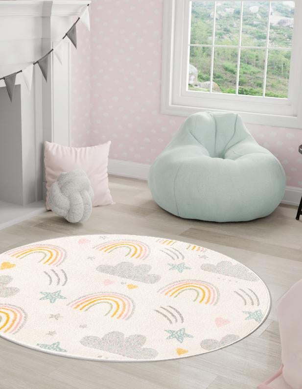 Ivory 3' 3 x 3' 3 Whimsy Kids Round Area Rug for Baby Nursery, Toddler Playroom, Bedrooms