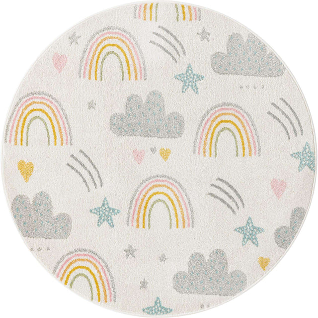 Ivory 5' 3 x 5' 3 Whimsy Kids Round Area Rug for Baby Nursery, Toddler Playroom, Bedrooms