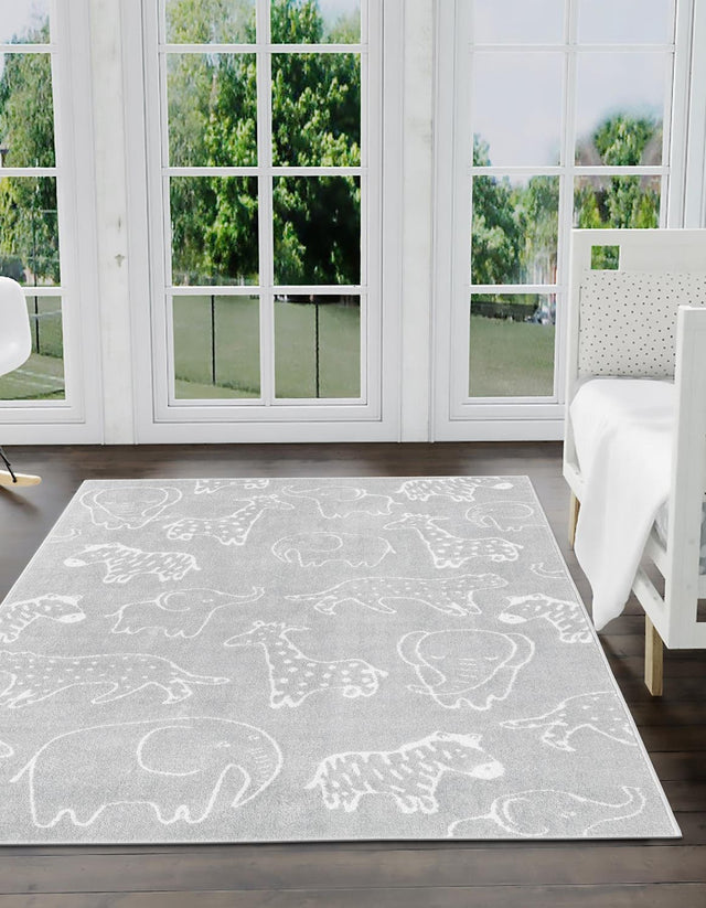 Gray 5' 3 x 8' Whimsy Kids Rectangle Area Rug for Baby Nursery, Toddler Playroom, Bedrooms