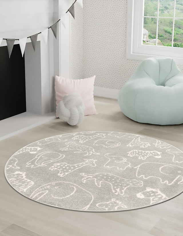 Gray 5' 3 x 5' 3 Whimsy Kids Round Area Rug for Baby Nursery, Toddler Playroom, Bedrooms