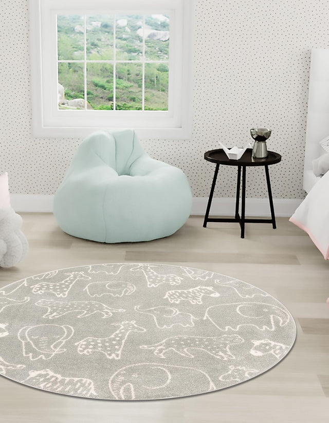 Gray 5' 3 x 5' 3 Whimsy Kids Round Area Rug for Baby Nursery, Toddler Playroom, Bedrooms