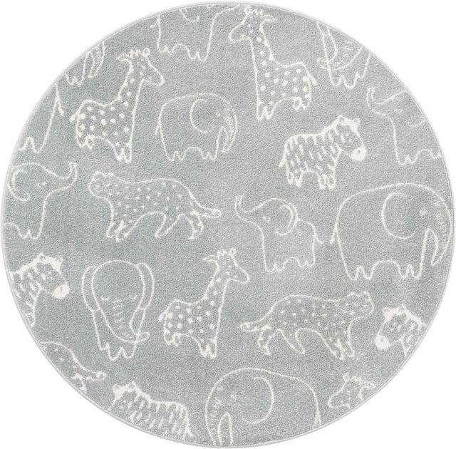 Gray 5' 3 x 5' 3 Whimsy Kids Round Area Rug for Baby Nursery, Toddler Playroom, Bedrooms