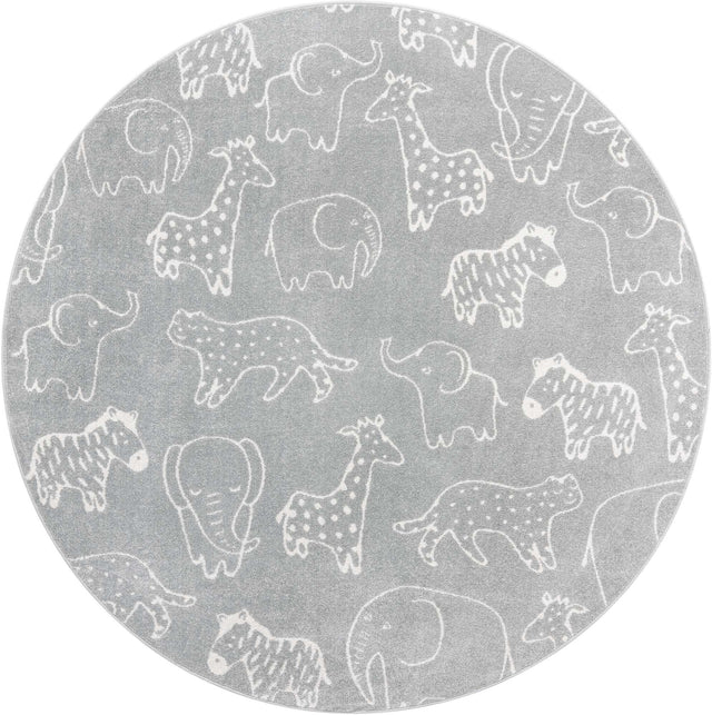 Gray 7' 10 x 7' 10 Whimsy Kids Round Area Rug for Baby Nursery, Toddler Playroom, Bedrooms