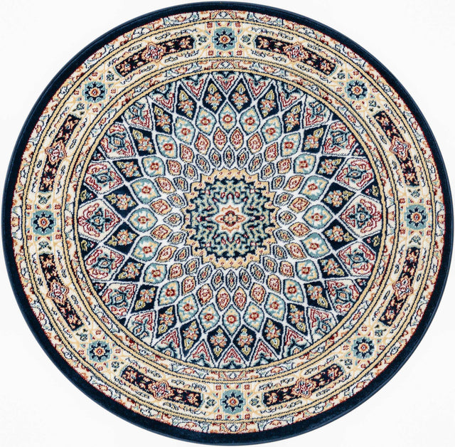Navy Blue 3' 1 x 3' 1 Narenj Round Area Rug 85% Polypropylene & 15% Polyester Traditional Classic Carpet for Living, Dining, Bedrooms, Office for Sale at Rug Engine