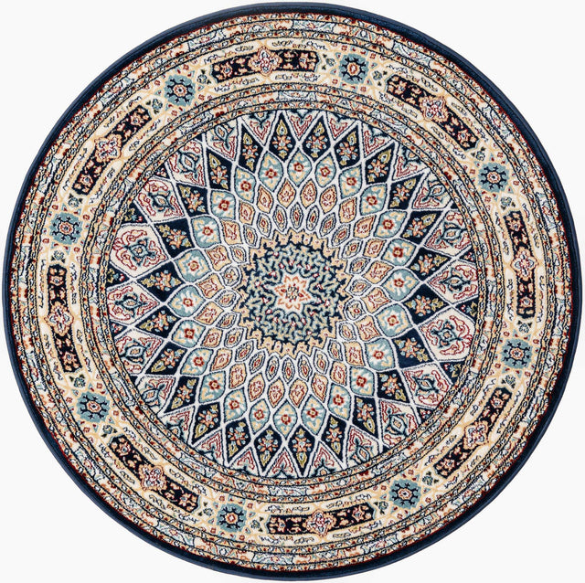 Navy Blue 4' 1 x 4' 1 Narenj Round Area Rug 85% Polypropylene & 15% Polyester Traditional Classic Carpet for Living, Dining, Bedrooms, Office for Sale at Rug Engine