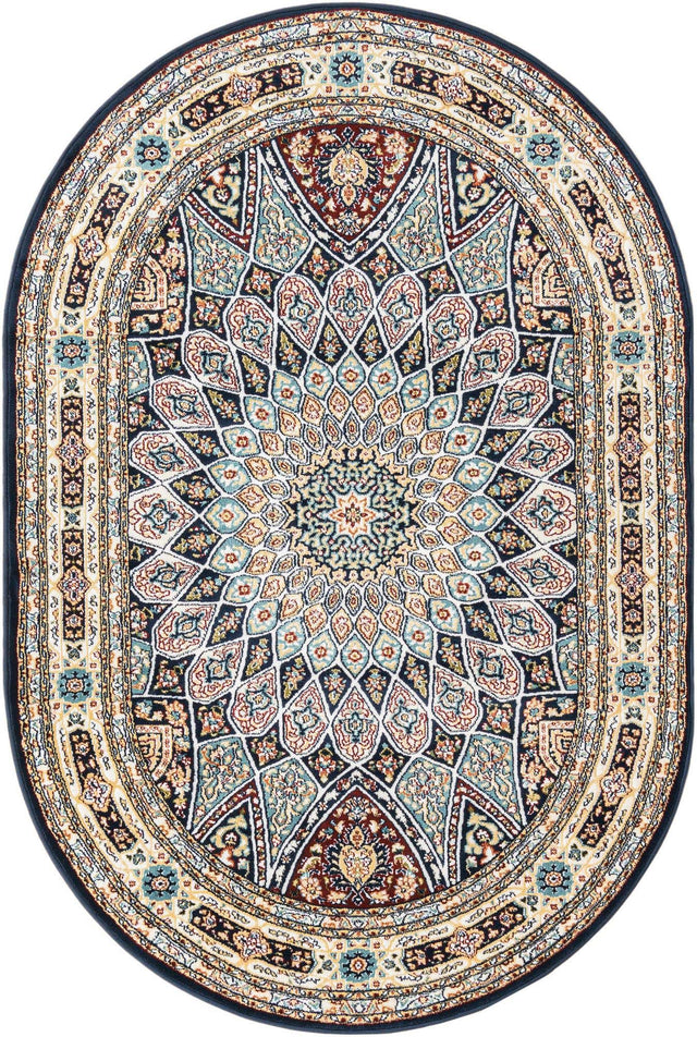 Navy Blue 4' 1 x 6' 1 Narenj Oval Area Rug 85% Polypropylene & 15% Polyester Traditional Classic Carpet for Living, Dining, Bedrooms, Office for Sale at Rug Engine