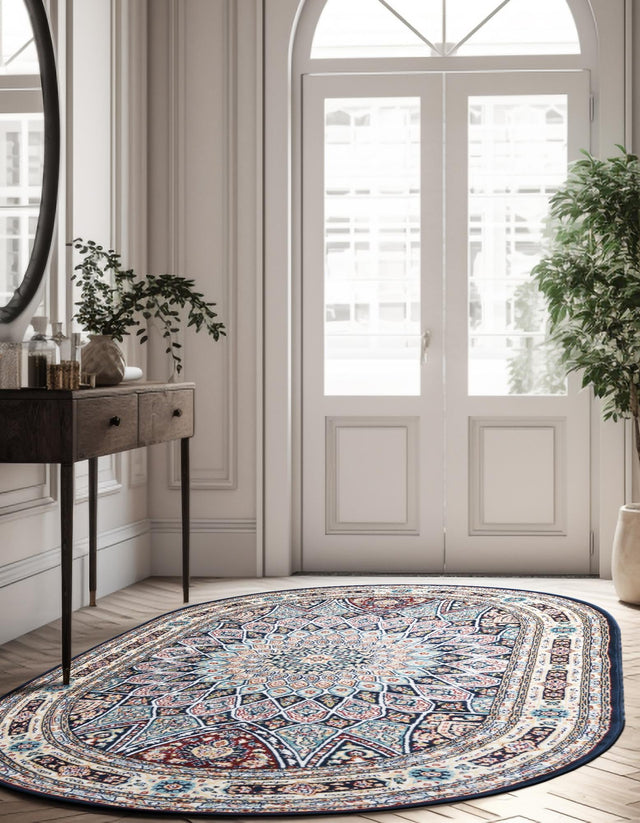 Navy Blue 4' 1 x 6' 1 Narenj Oval Area Rug 85% Polypropylene & 15% Polyester Traditional Classic Carpet for Living, Dining, Bedrooms, Office for Sale at Rug Engine