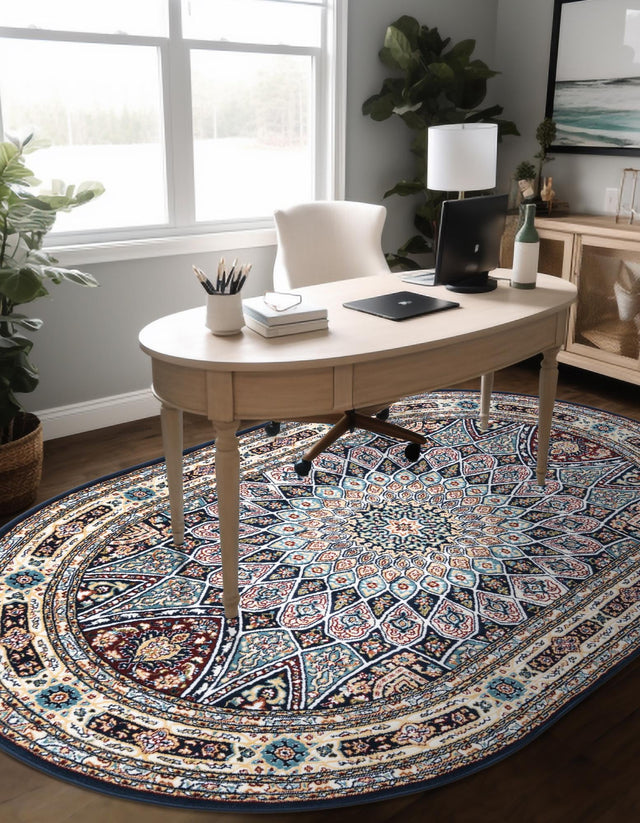 Navy Blue 5' 3 x 8' Narenj Oval Area Rug 85% Polypropylene & 15% Polyester Traditional Classic Carpet for Living, Dining, Bedrooms, Office for Sale at Rug Engine