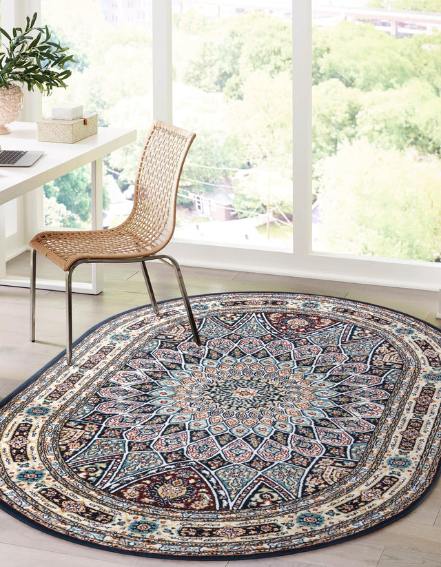 Navy Blue 5' 3 x 8' Narenj Oval Area Rug 85% Polypropylene & 15% Polyester Traditional Classic Carpet for Living, Dining, Bedrooms, Office for Sale at Rug Engine
