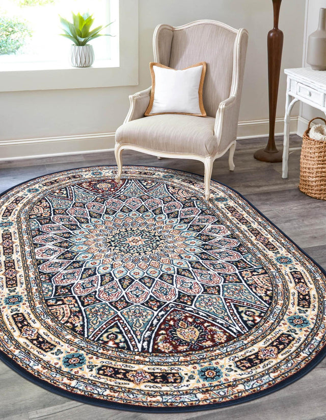 Navy Blue 2' x 3' 1 Narenj Oval Area Rug 85% Polypropylene & 15% Polyester Traditional Classic Carpet for Living, Dining, Bedrooms, Office for Sale at Rug Engine