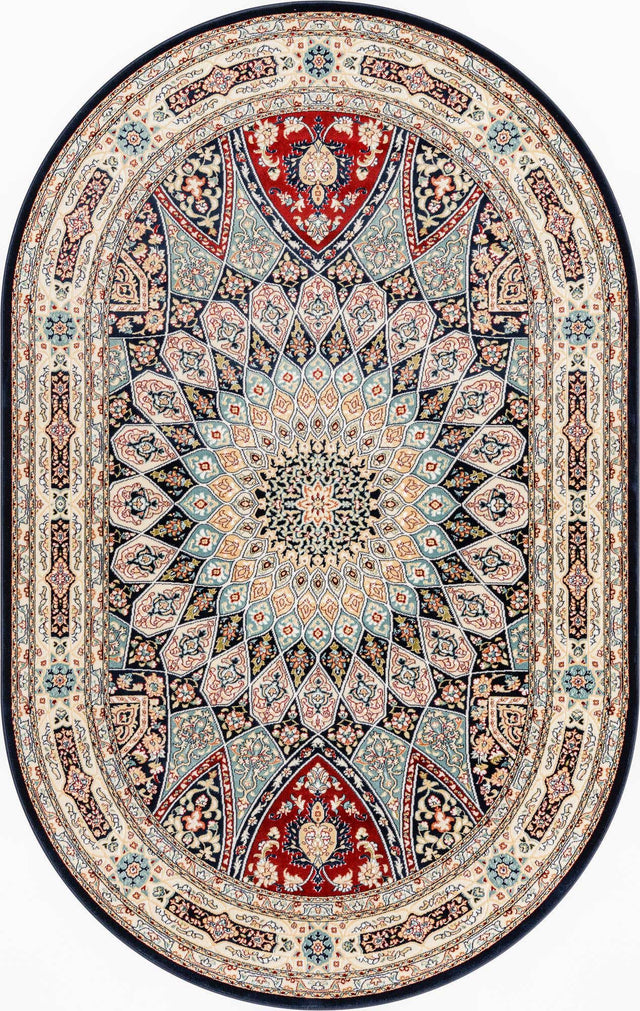 Navy Blue 5' 3 x 8' Narenj Oval Area Rug 85% Polypropylene & 15% Polyester Traditional Classic Carpet for Living, Dining, Bedrooms, Office for Sale at Rug Engine