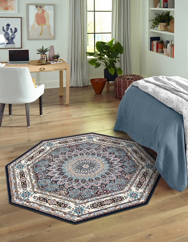 Navy Blue 6' 1 x 6' 1 Narenj Octagon Area Rug 85% Polypropylene & 15% Polyester Traditional Classic Carpet for Living, Dining, Bedrooms, Office for Sale at Rug Engine