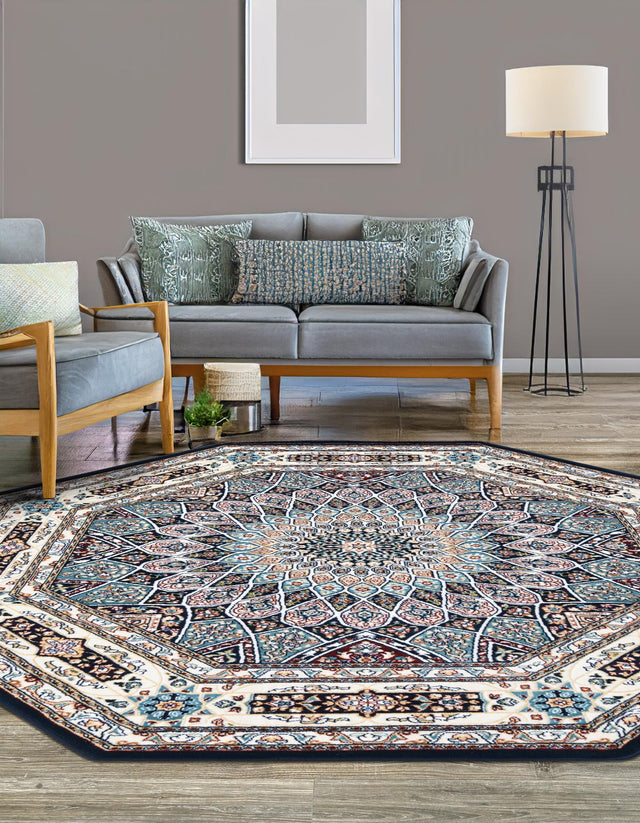Navy Blue 3' 1 x 3' 1 Narenj Octagon Area Rug 85% Polypropylene & 15% Polyester Traditional Classic Carpet for Living, Dining, Bedrooms, Office for Sale at Rug Engine