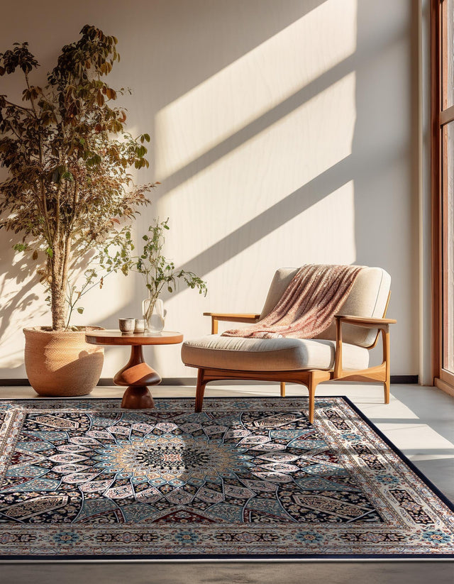 Navy Blue 6' 1 x 6' 1 Narenj Square Area Rug 85% Polypropylene & 15% Polyester Traditional Classic Carpet for Living, Dining, Bedrooms, Office for Sale at Rug Engine