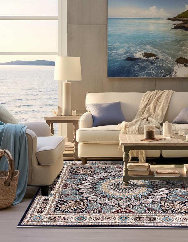 Navy Blue 7' 10 x 7' 10 Narenj Square Area Rug 85% Polypropylene & 15% Polyester Traditional Classic Carpet for Living, Dining, Bedrooms, Office for Sale at Rug Engine