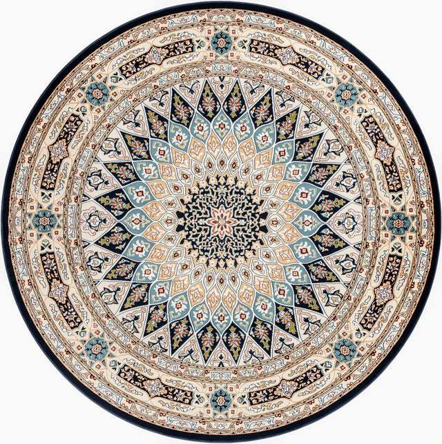 Navy Blue 7' 10 x 8' Narenj Round Area Rug 85% Polypropylene & 15% Polyester Traditional Classic Carpet for Living, Dining, Bedrooms, Office for Sale at Rug Engine