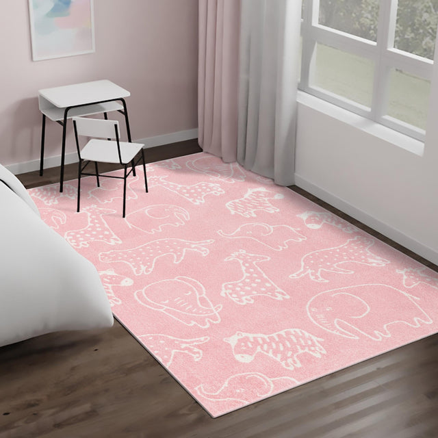 Pink 5' 3 x 8' Whimsy Kids Rectangle Area Rug for Baby Nursery, Toddler Playroom, Bedrooms