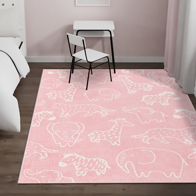 Pink 5' 3 x 8' Whimsy Kids Rectangle Area Rug for Baby Nursery, Toddler Playroom, Bedrooms