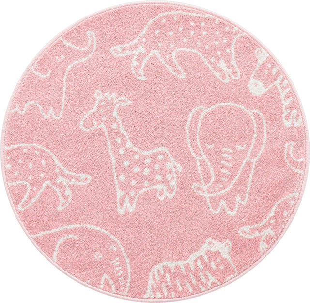 Pink 3' 3 x 3' 3 Whimsy Kids Round Area Rug for Baby Nursery, Toddler Playroom, Bedrooms
