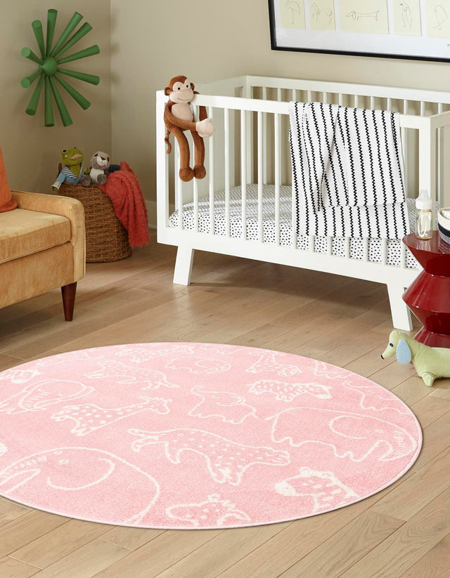 Pink 5' 3 x 5' 3 Whimsy Kids Round Area Rug for Baby Nursery, Toddler Playroom, Bedrooms