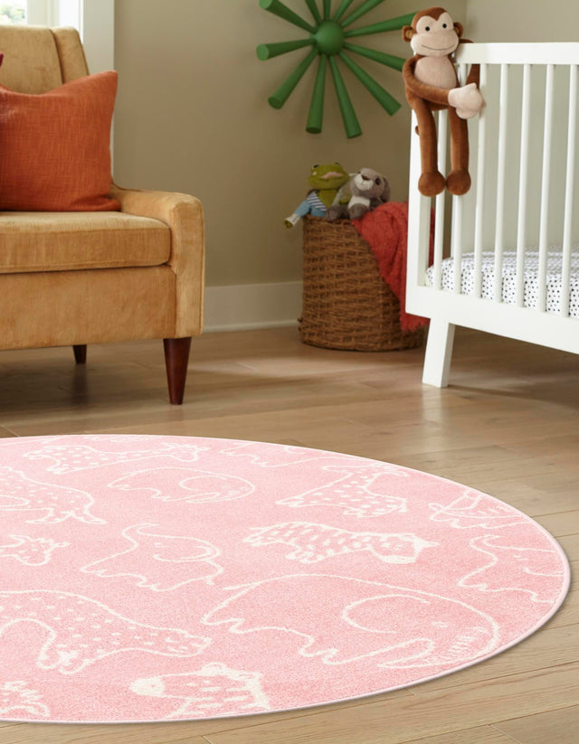 Pink 7' 10 x 7' 10 Whimsy Kids Round Area Rug for Baby Nursery, Toddler Playroom, Bedrooms