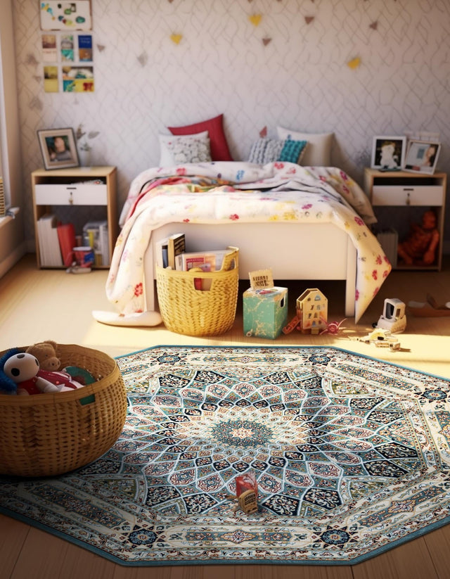 Blue 3' 1 x 3' 1 Narenj Octagon Area Rug 85% Polypropylene & 15% Polyester Traditional Classic Carpet for Living, Dining, Bedrooms, Office for Sale at Rug Engine