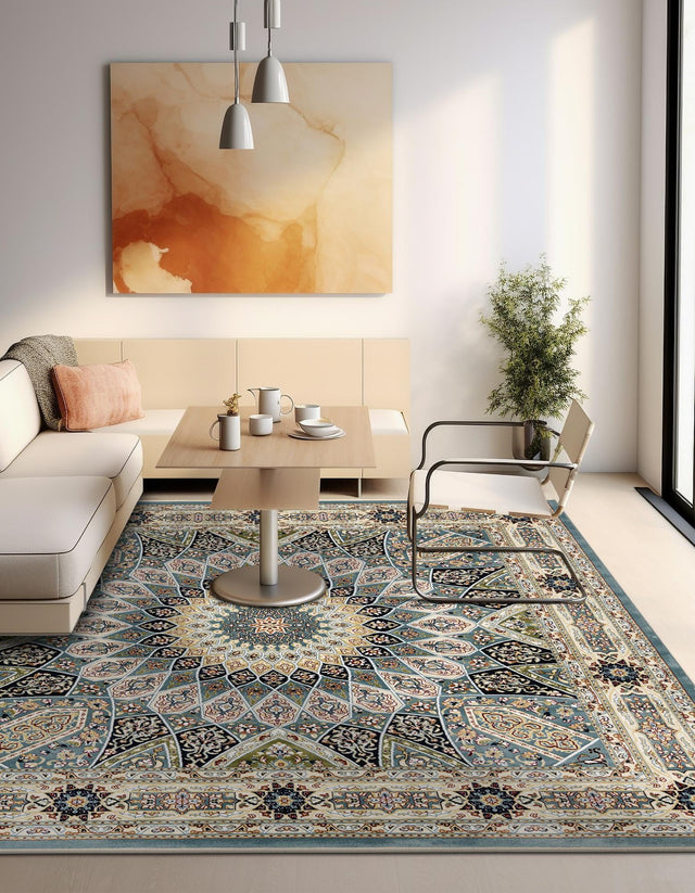 Blue 7' 10 x 7' 10 Narenj Square Area Rug 85% Polypropylene & 15% Polyester Traditional Classic Carpet for Living, Dining, Bedrooms, Office for Sale at Rug Engine