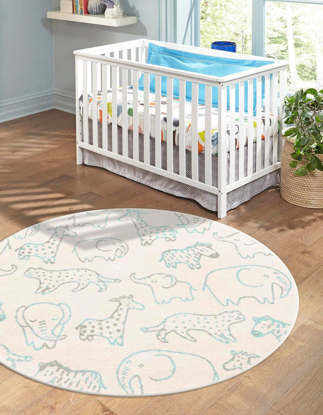 Ivory 7' 10 x 7' 10 Whimsy Kids Round Area Rug for Baby Nursery, Toddler Playroom, Bedrooms