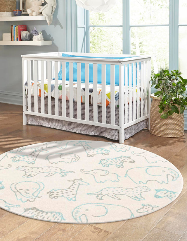 Ivory 5' 3 x 5' 3 Whimsy Kids Round Area Rug for Baby Nursery, Toddler Playroom, Bedrooms