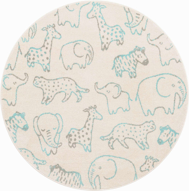 Ivory 5' 3 x 5' 3 Whimsy Kids Round Area Rug for Baby Nursery, Toddler Playroom, Bedrooms
