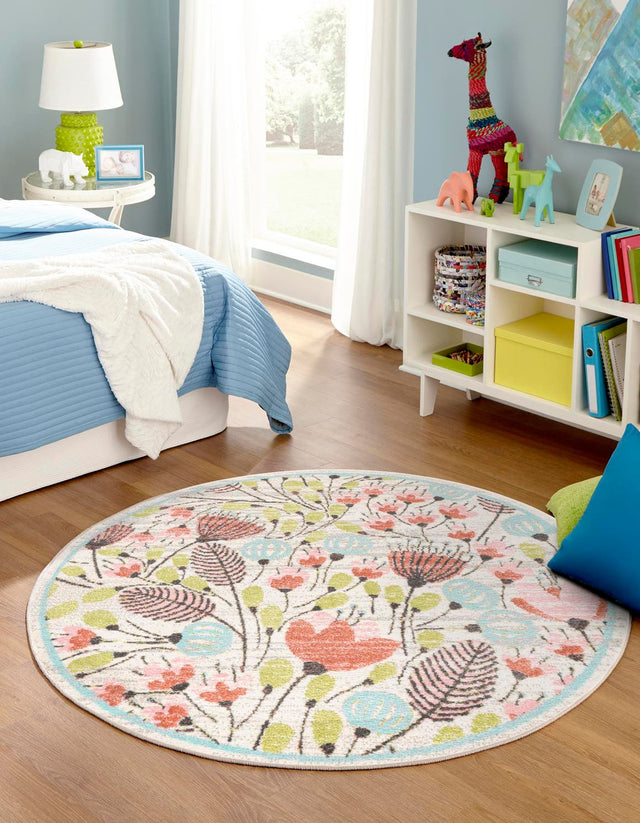 Ivory 5' 3 x 5' 3 Whimsy Kids Round Area Rug for Baby Nursery, Toddler Playroom, Bedrooms Playful Fun Design Easy Clean Carpet for Sale at Rug Engine