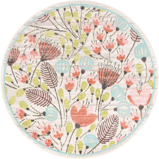 Ivory 5' 3 x 5' 3 Whimsy Kids Round Area Rug for Baby Nursery, Toddler Playroom, Bedrooms Playful Fun Design Easy Clean Carpet for Sale at Rug Engine