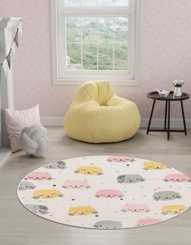 Ivory 3' 3 x 3' 3 Whimsy Kids Round Area Rug for Baby Nursery, Toddler Playroom, Bedrooms