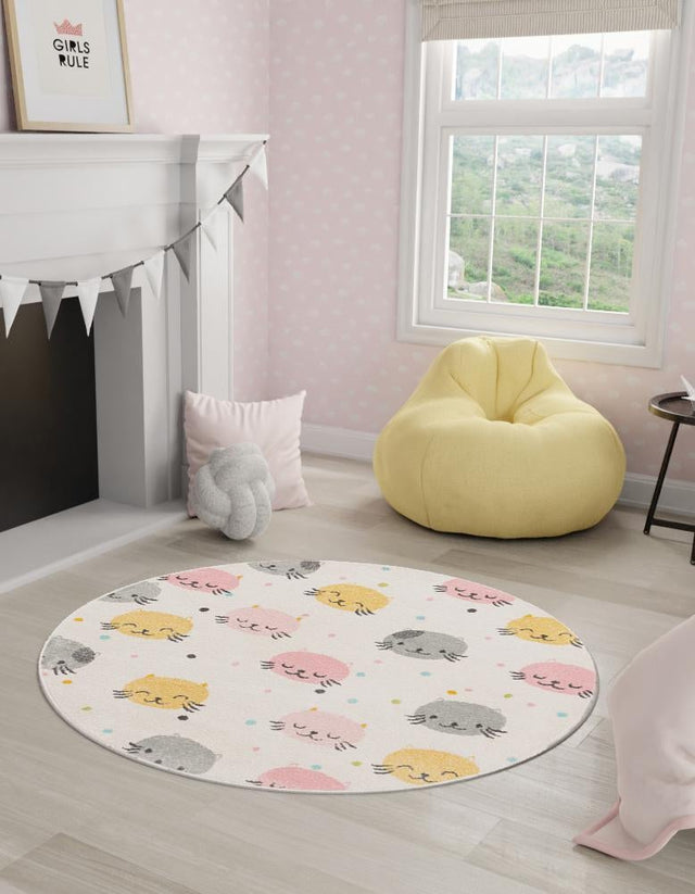 Ivory 5' 3 x 5' 3 Whimsy Kids Round Area Rug for Baby Nursery, Toddler Playroom, Bedrooms