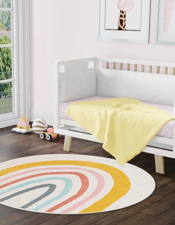 Ivory 5' 3 x 5' 3 Whimsy Kids Round Area Rug for Baby Nursery, Toddler Playroom, Bedrooms