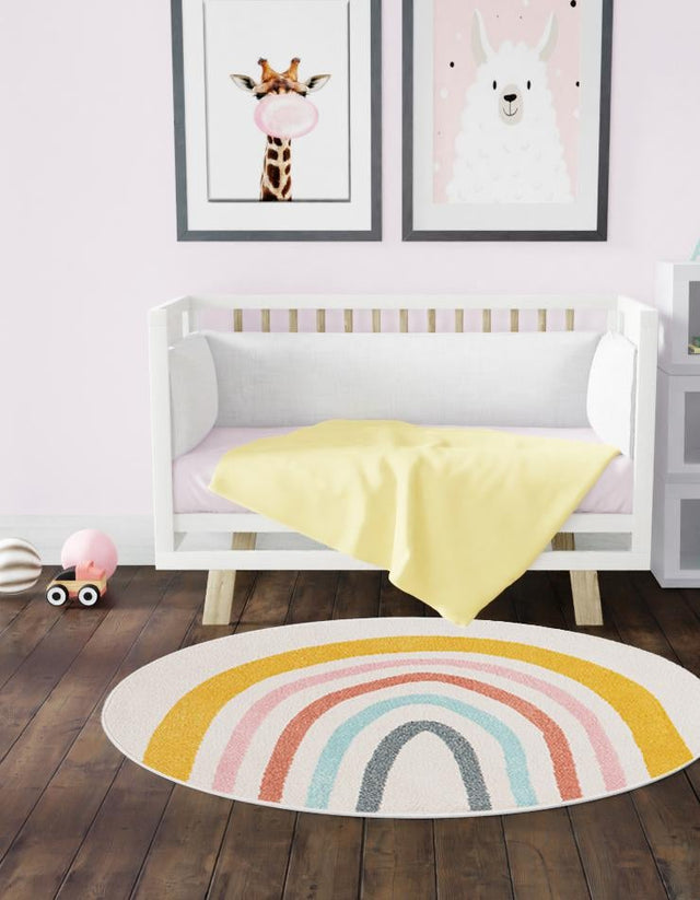 Ivory 7' 10 x 7' 10 Whimsy Kids Round Area Rug for Baby Nursery, Toddler Playroom, Bedrooms
