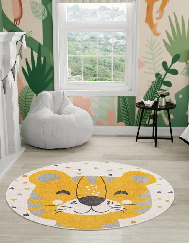 Ivory 5' 3 x 5' 3 Whimsy Kids Round Area Rug for Baby Nursery, Toddler Playroom, Bedrooms