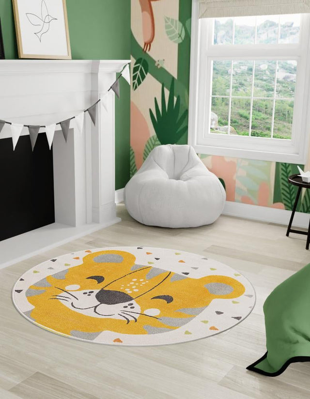 Ivory 5' 3 x 5' 3 Whimsy Kids Round Area Rug for Baby Nursery, Toddler Playroom, Bedrooms