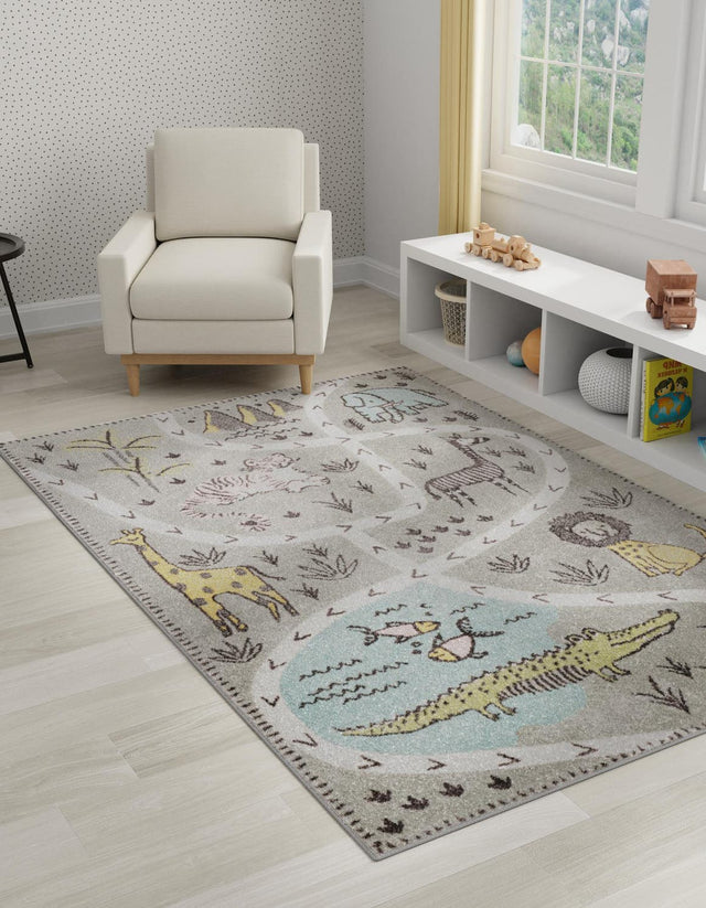 Gray 7' 10 x 10' Whimsy Kids Rectangle Area Rug for Baby Nursery, Toddler Playroom, Bedrooms
