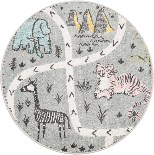 Gray 3' 3 x 3' 3 Whimsy Kids Round Area Rug for Baby Nursery, Toddler Playroom, Bedrooms