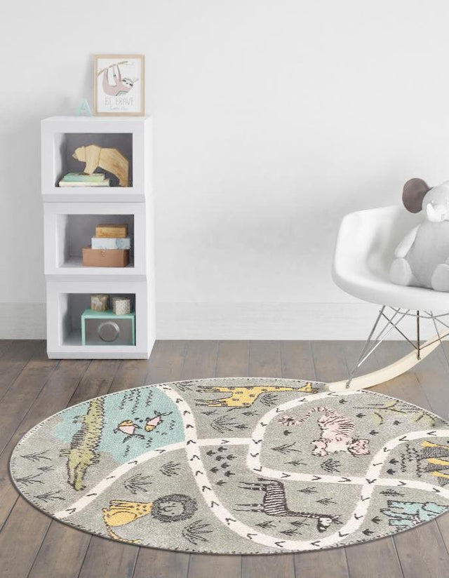 Gray 3' 3 x 3' 3 Whimsy Kids Round Area Rug for Baby Nursery, Toddler Playroom, Bedrooms