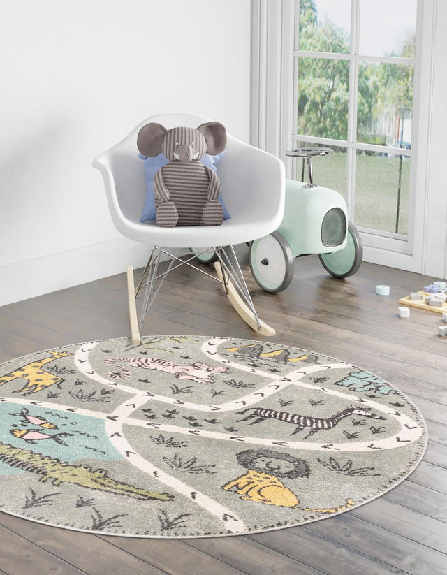 Gray 6' 1 x 6' 1 Whimsy Kids Round Area Rug for Baby Nursery, Toddler Playroom, Bedrooms