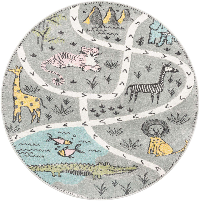Gray 5' 3 x 5' 3 Whimsy Kids Round Area Rug for Baby Nursery, Toddler Playroom, Bedrooms