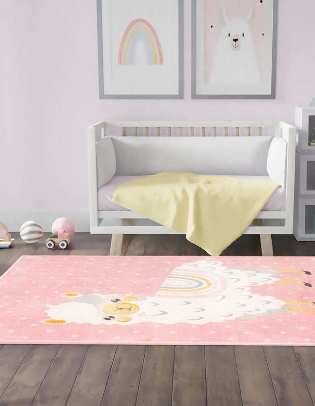 Pink 3' 11 x 5' 11 Whimsy Kids Rectangle Area Rug for Baby Nursery, Toddler Playroom, Bedrooms