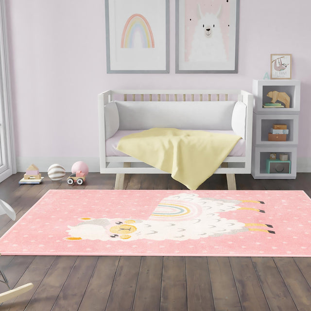 Pink 5' 3 x 8' Whimsy Kids Rectangle Area Rug for Baby Nursery, Toddler Playroom, Bedrooms