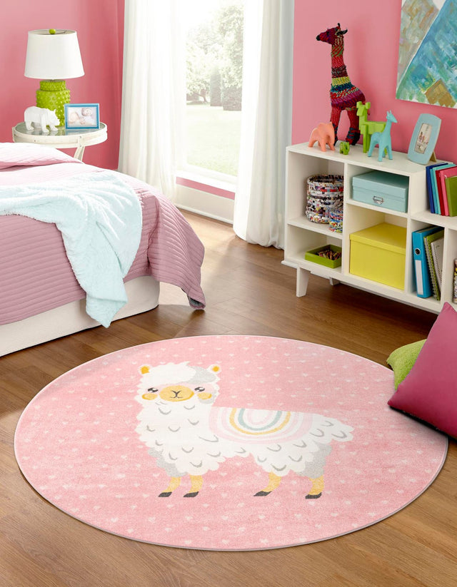 Pink 5' 3 x 5' 3 Whimsy Kids Round Area Rug for Baby Nursery, Toddler Playroom, Bedrooms