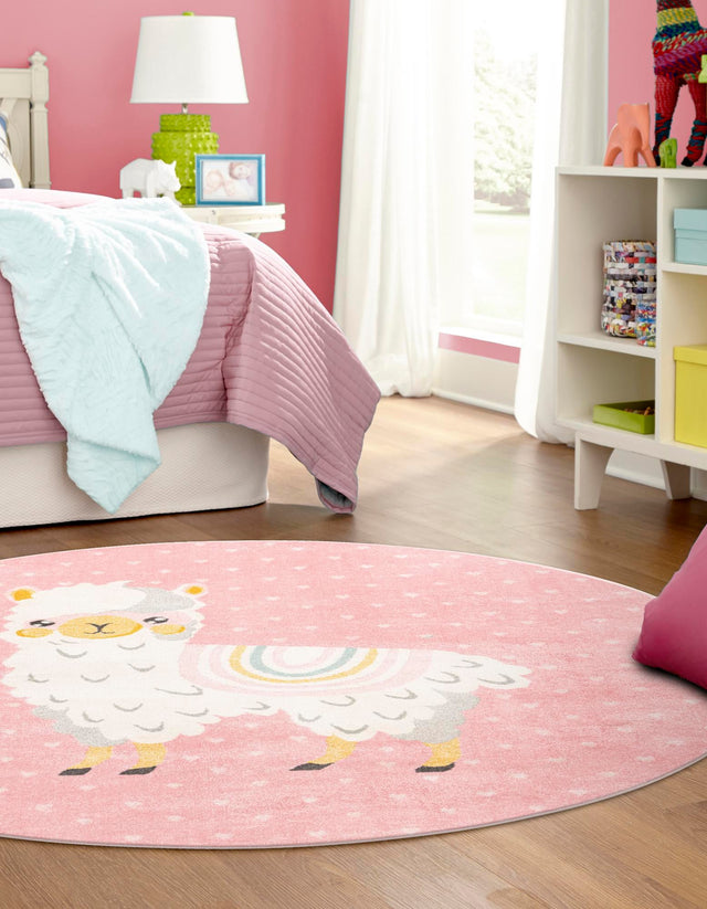 Pink 7' 10 x 7' 10 Whimsy Kids Round Area Rug for Baby Nursery, Toddler Playroom, Bedrooms